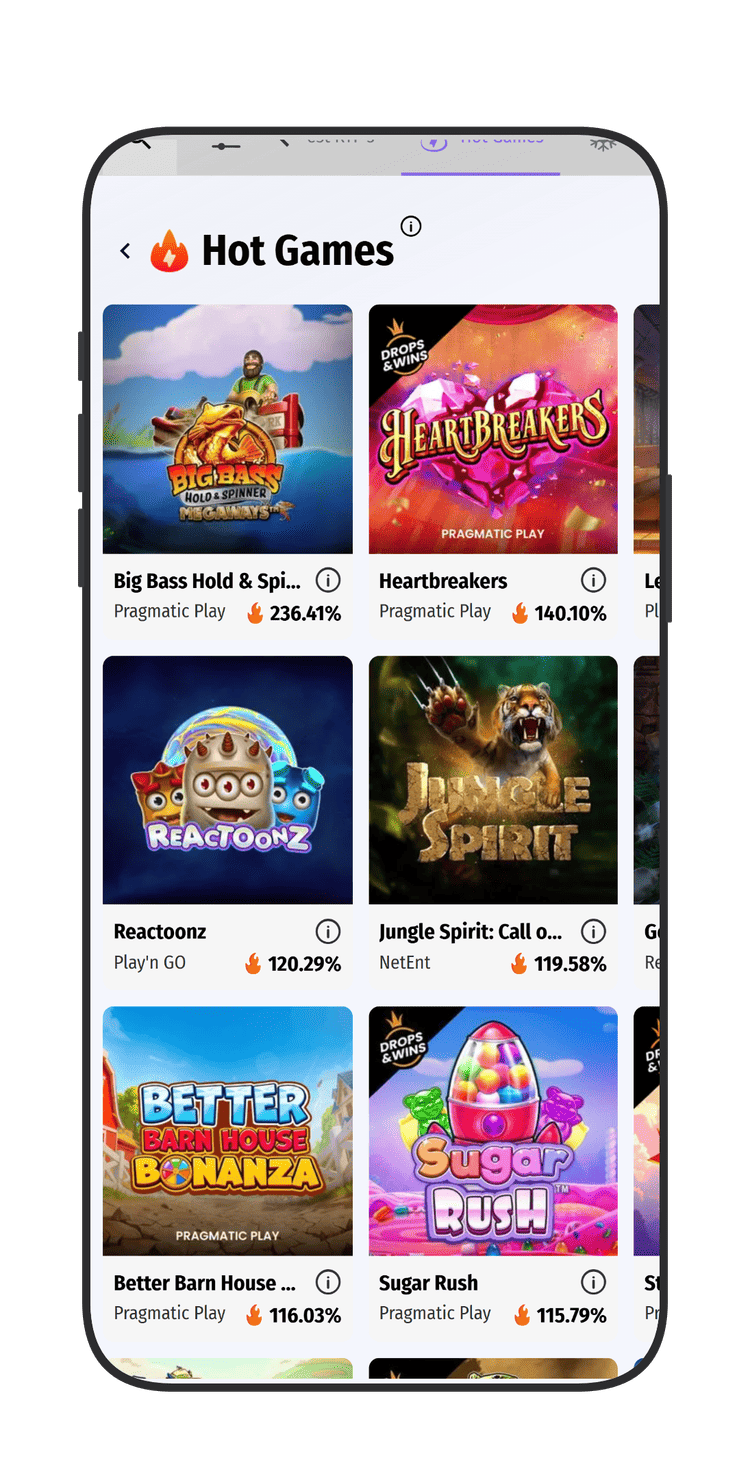 "Hot Games" section in the Hollywoodbets Casino catalogue