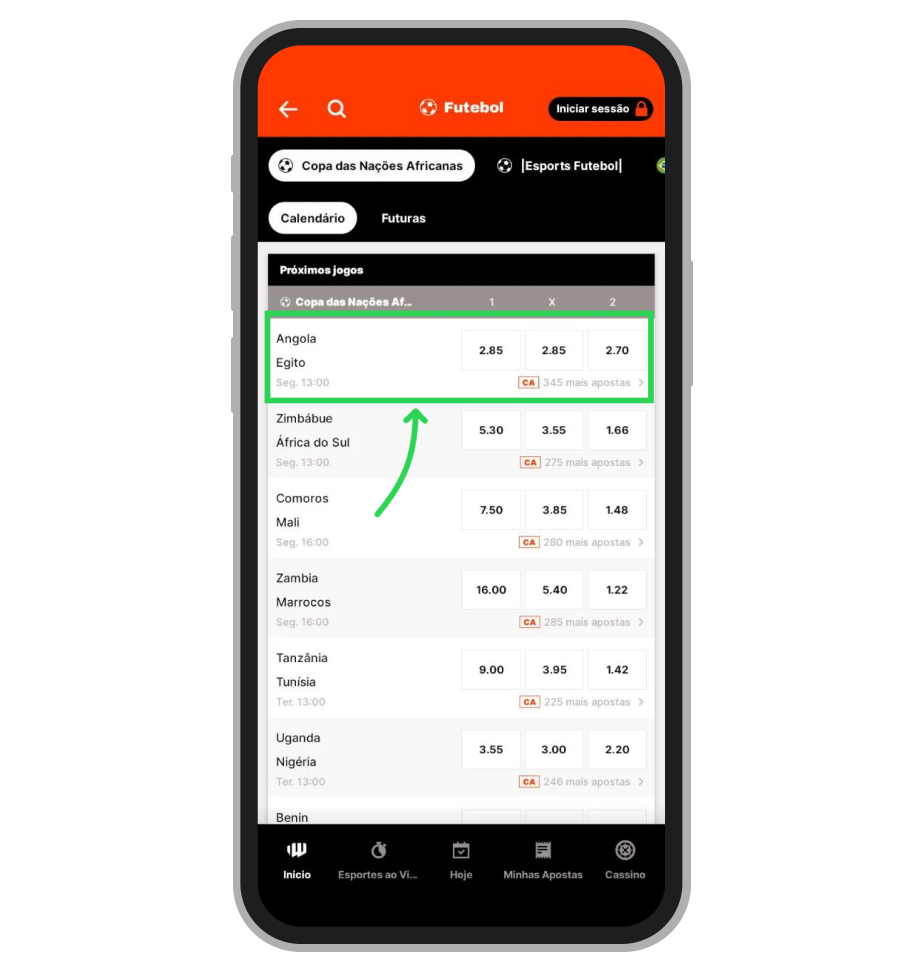 Identifique e toque no confronto desejado dentro da lista de eventos esportivos 
