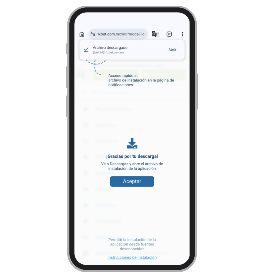 APK de 1xBet. Página de instalación