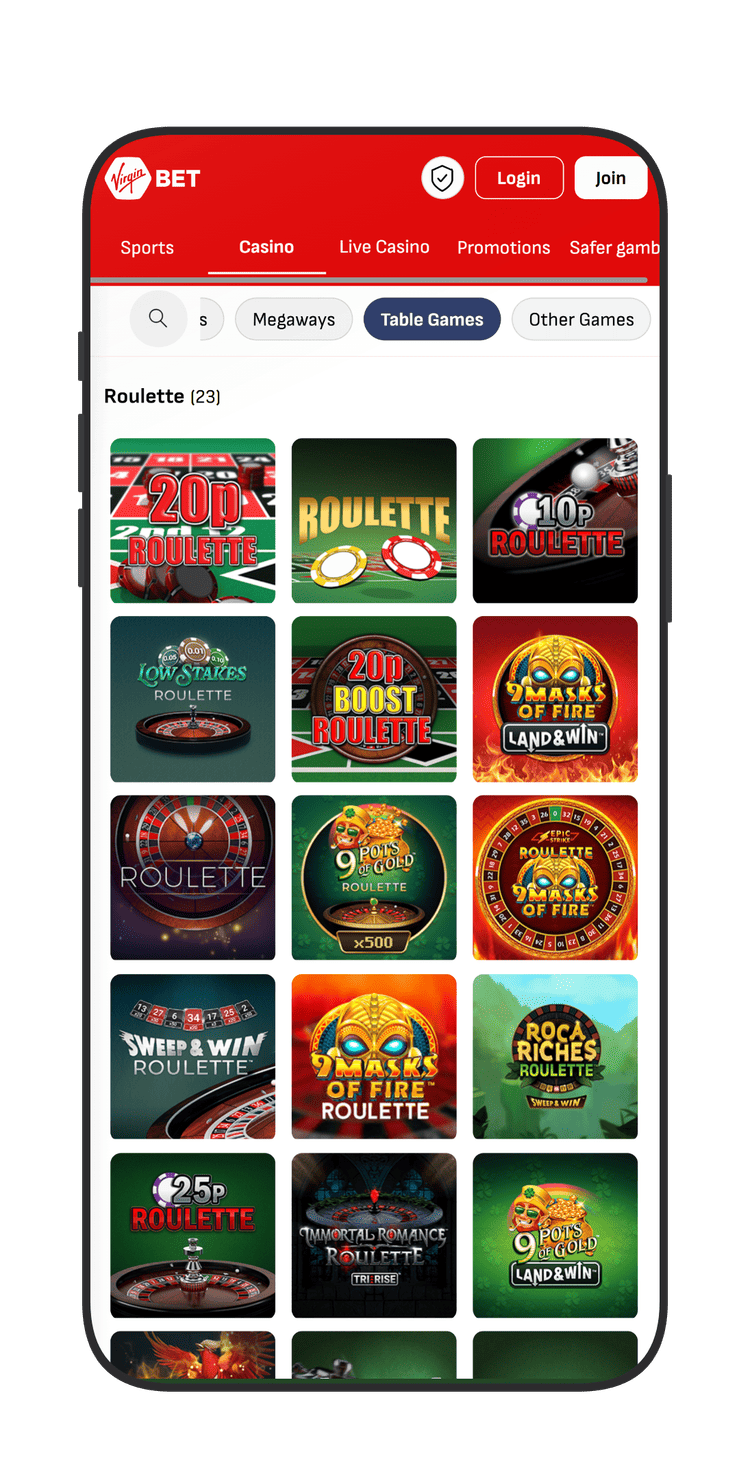 Table RNG games section at VirginBet Casino