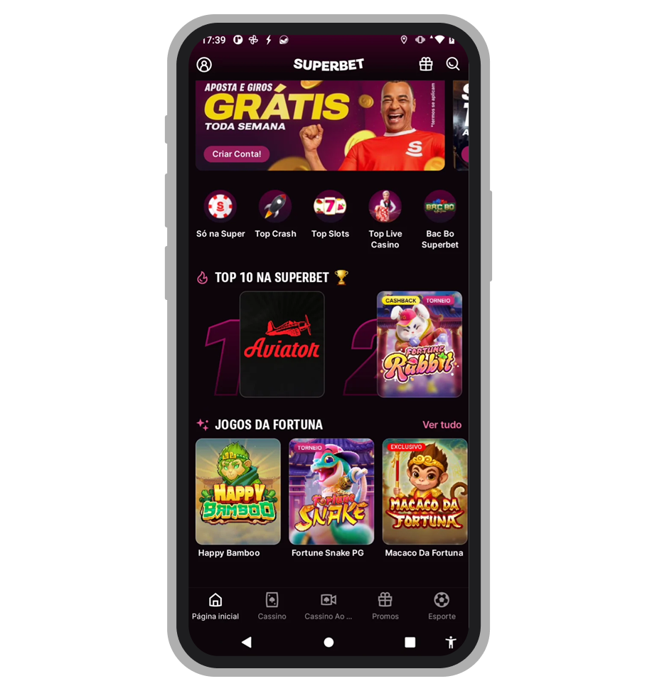 Seção de cassino no app Superbet com slots, roleta ao vivo e categorias de jogos