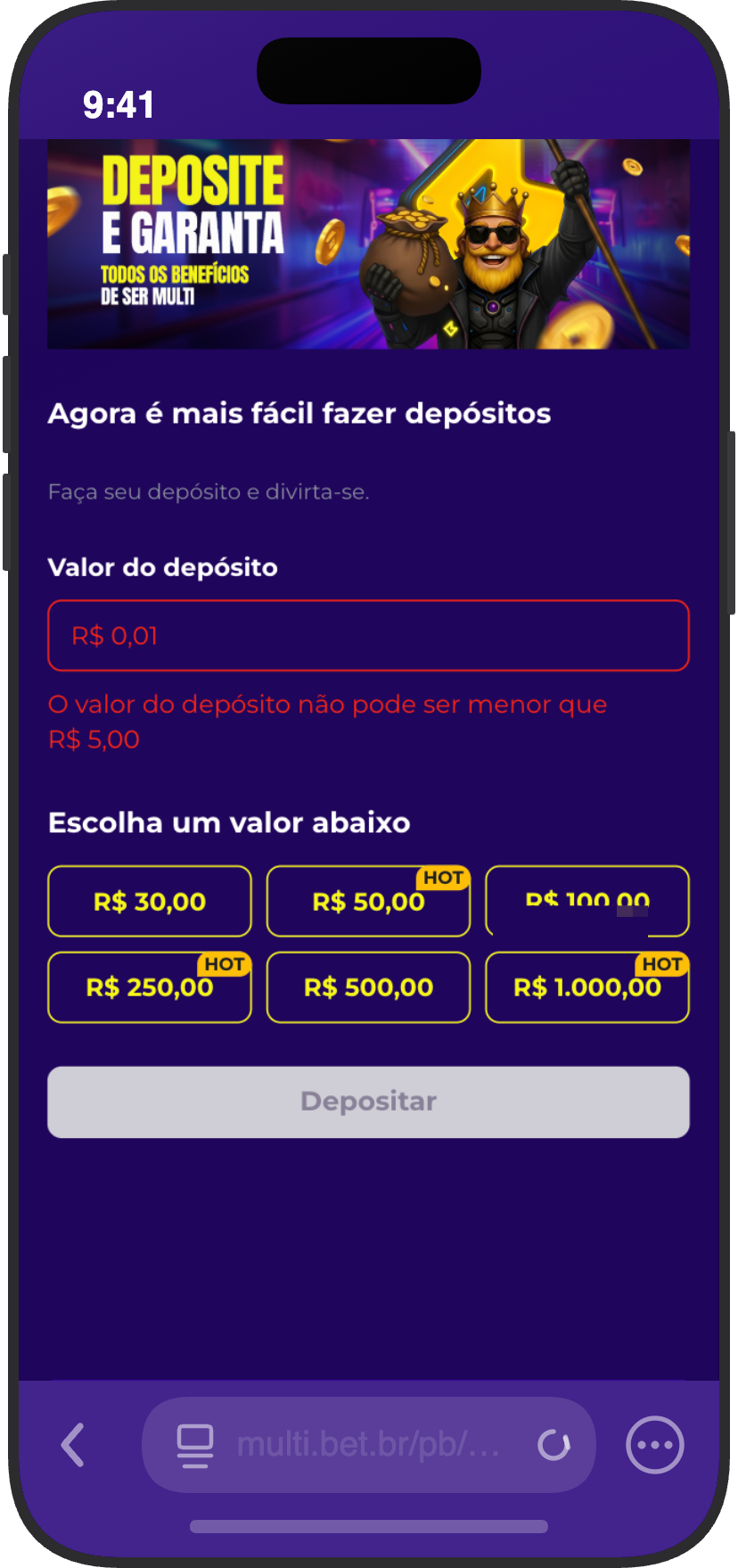 Tela de depósito da Multibet no celular com atalhos de R$ 30 a R$ 1.000