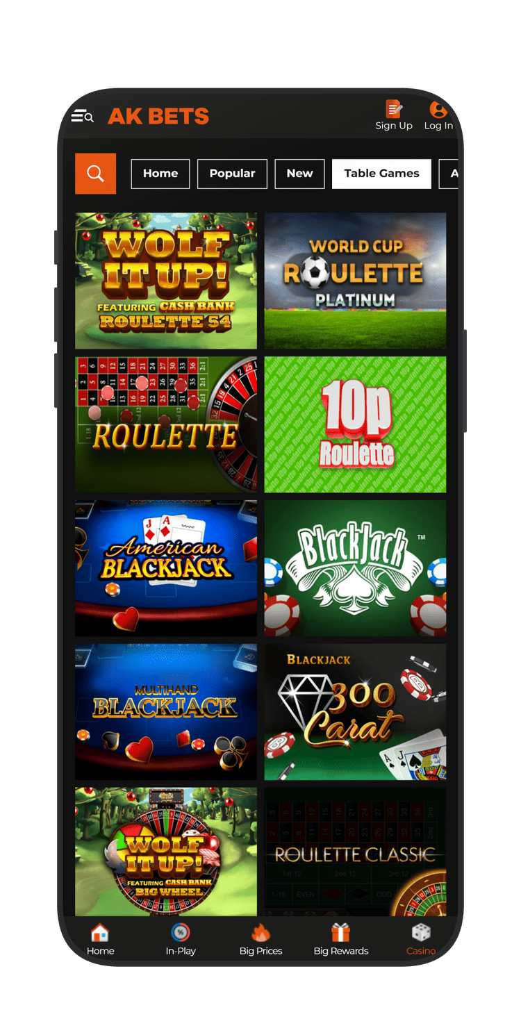Table RNG games section at AK Bets Casino