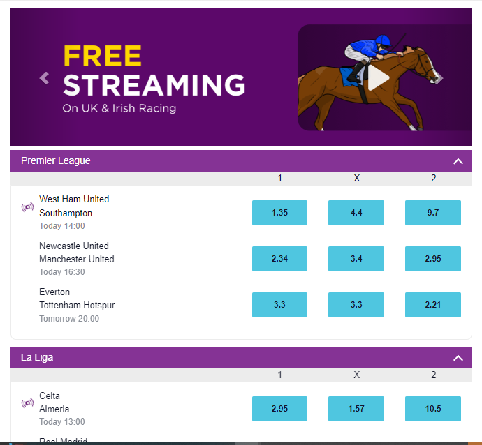 The live betting section on BETDAQ