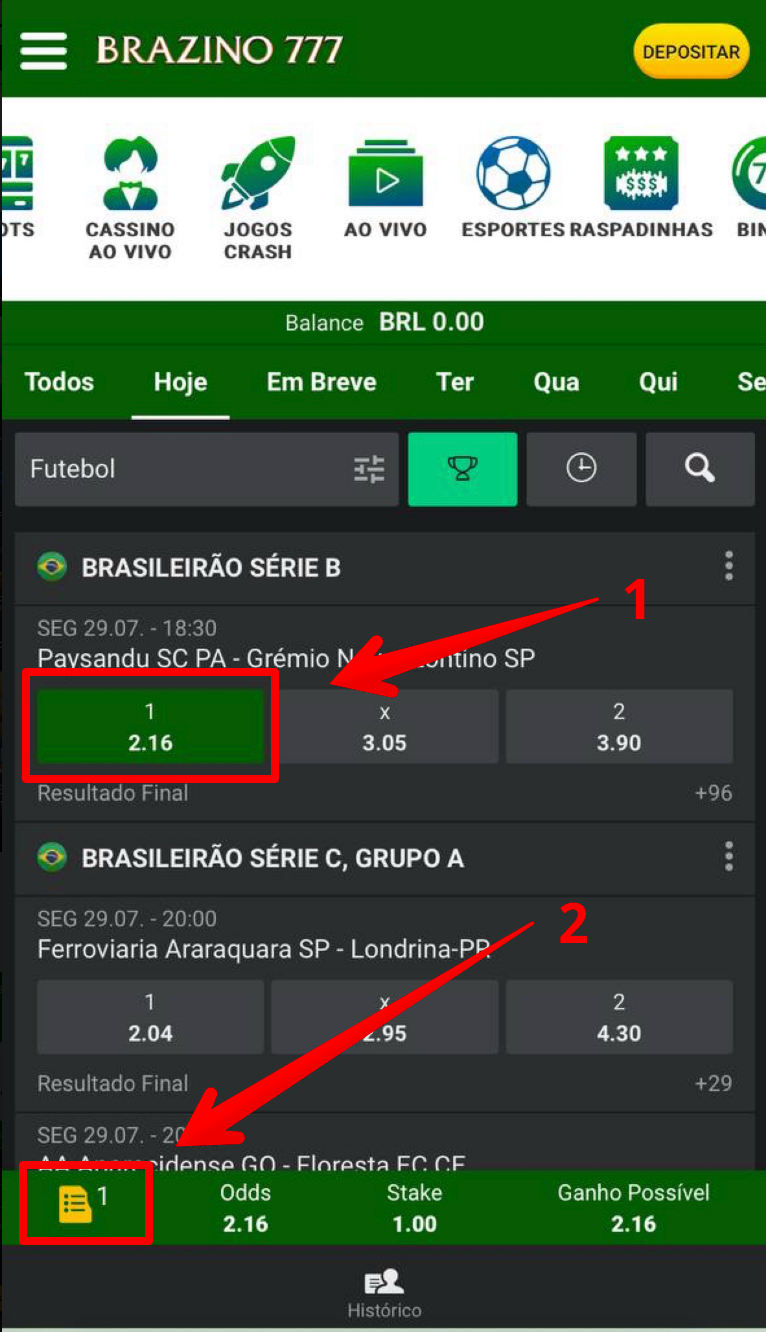 Clique no resultado em que gostaria de apostar