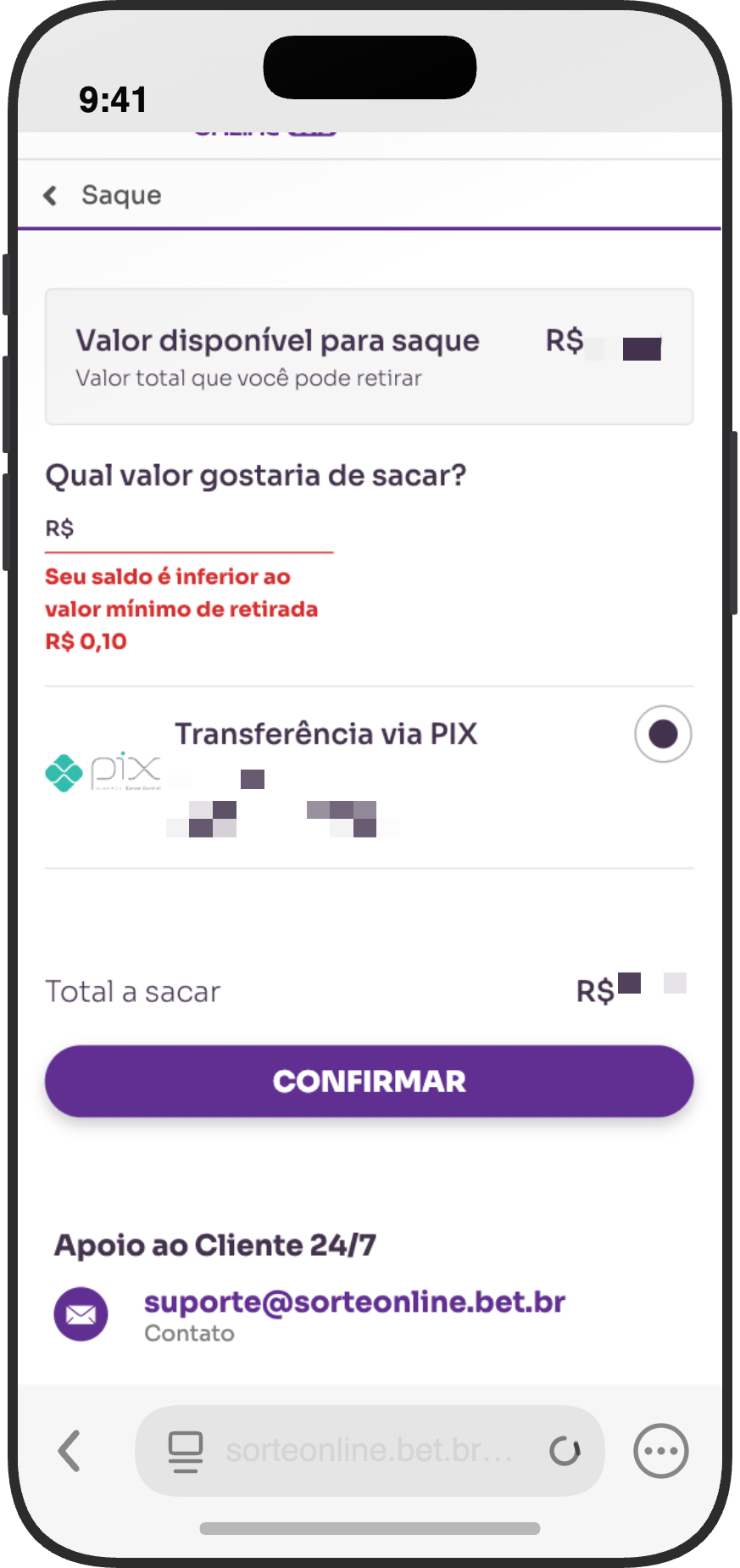 Tela de saque via Pix da Sorte Online com valor mínimo de retirada R$ 0,1, botão "Confirmar" e e-mail de suporte 24/7