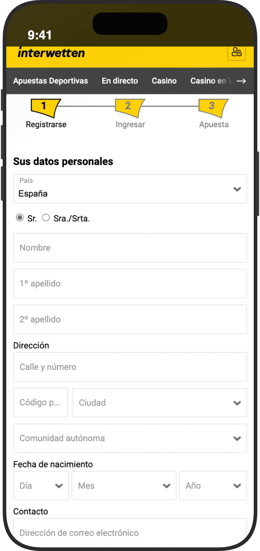 Formulario de registro en Interwetten España con tres pasos: registrarse, ingresar y apostar, campos de datos personales y dirección