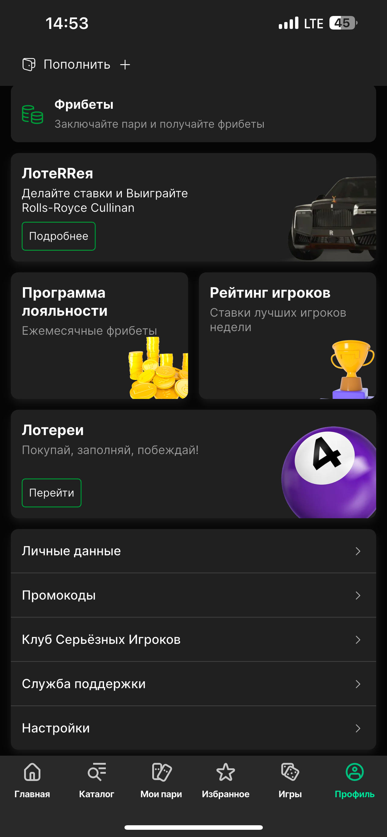 Профиль в приложении «Лиги Ставок»