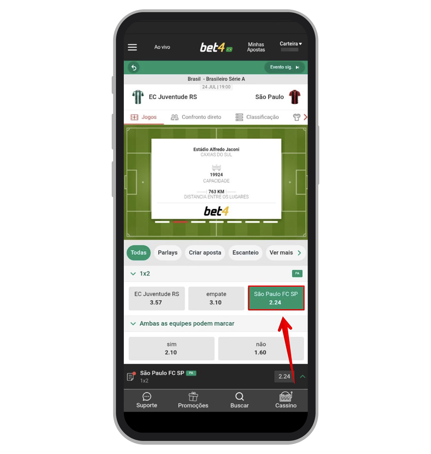 Toque nas odds do resultado em que quer apostar