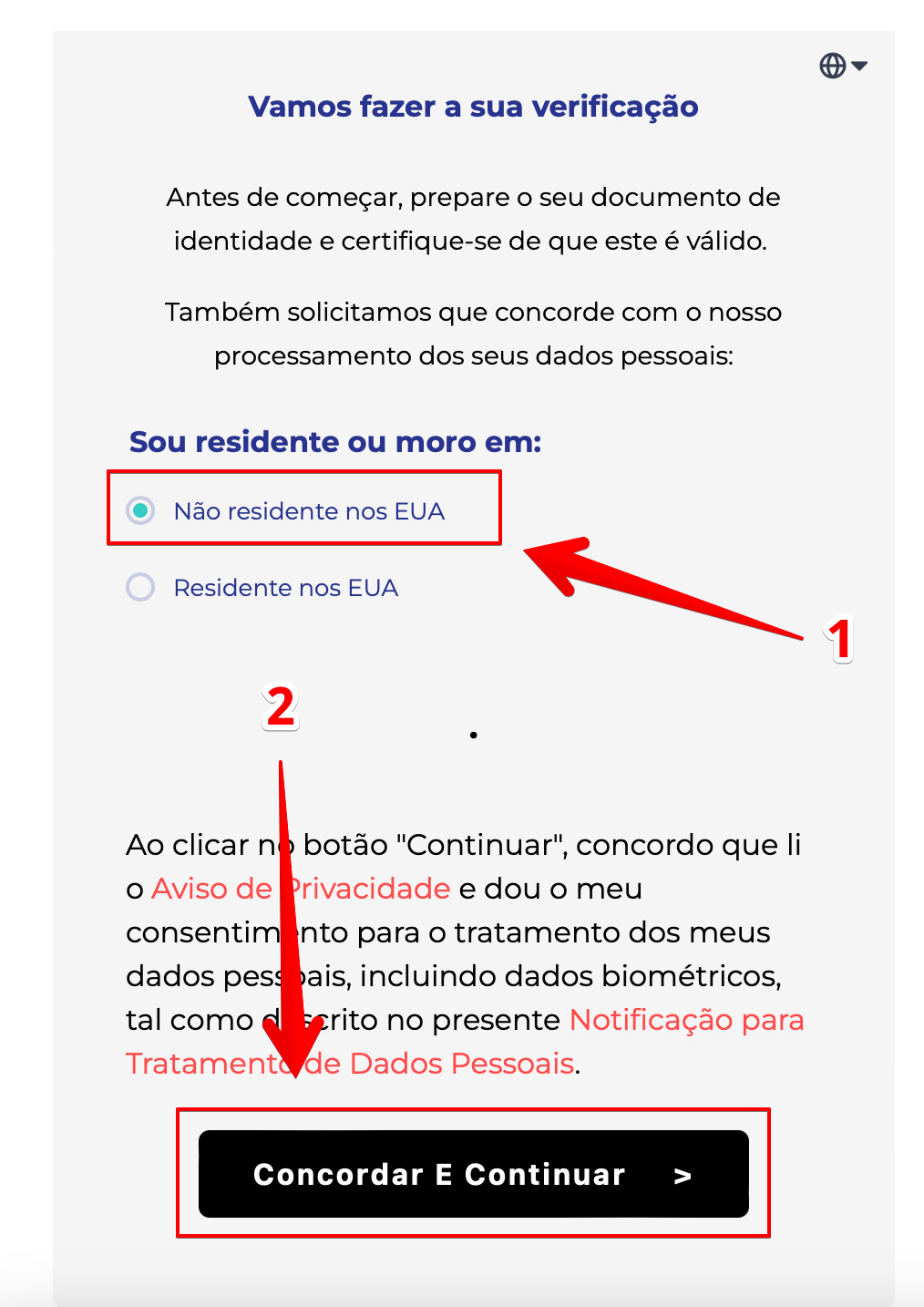 Confirme que vc não é residente dos EUA