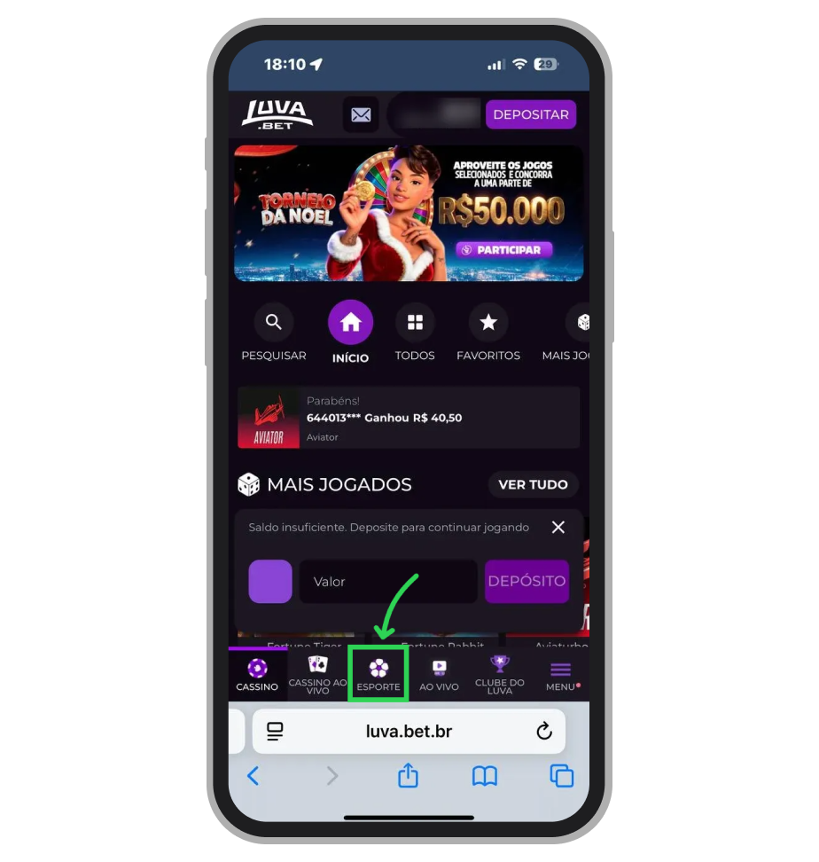 Toque na aba "Esporte" na barra inferior para visualizar as modalidades disponíveis na plataforma