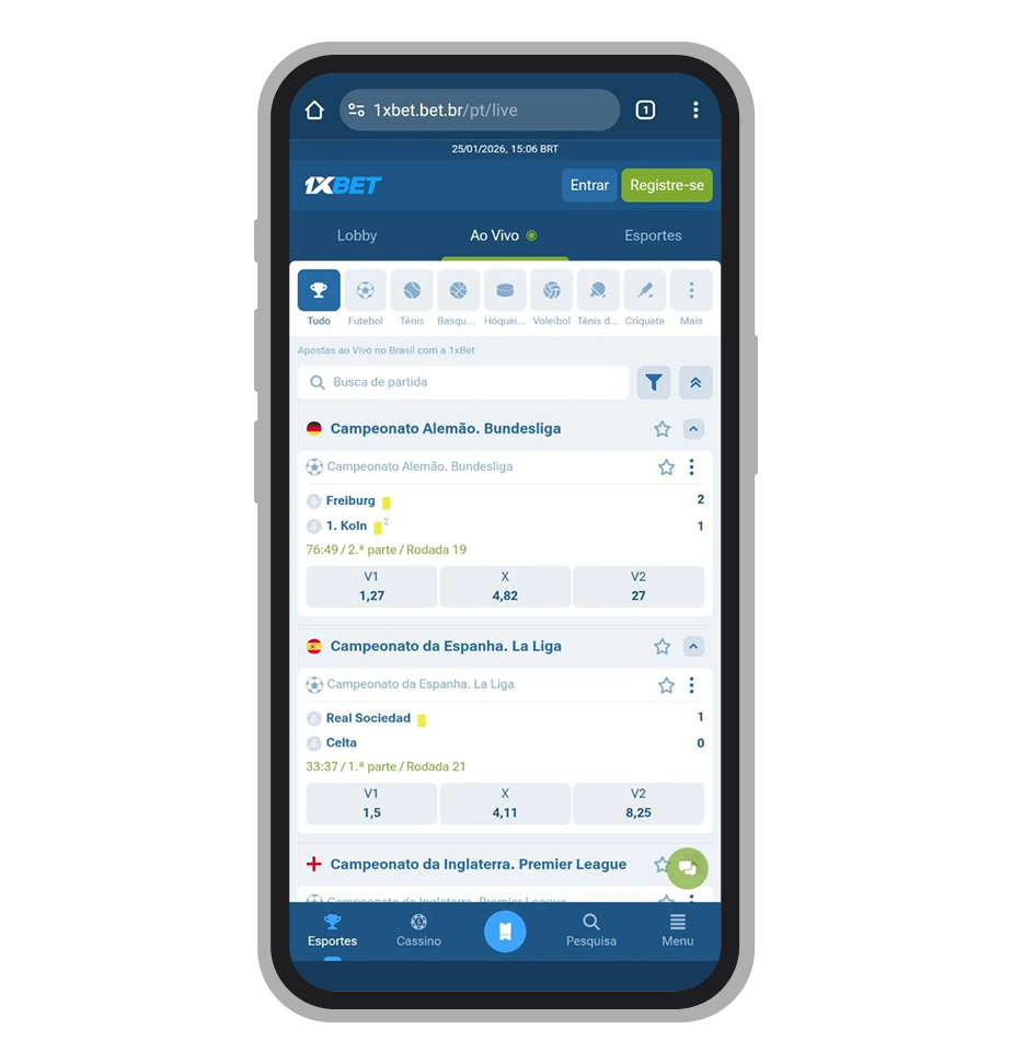 Seção de apostas ao vivo no site mobile da 1xBet com partidas em andamento