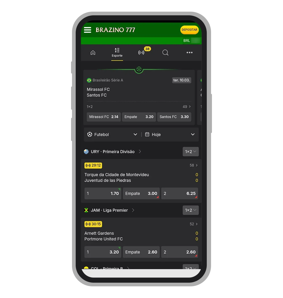 Interface de apostas esportivas pré-jogo no aplicativo Brazino777 Android