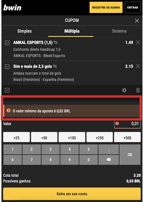 Valor mínimo de aposta na Bwin