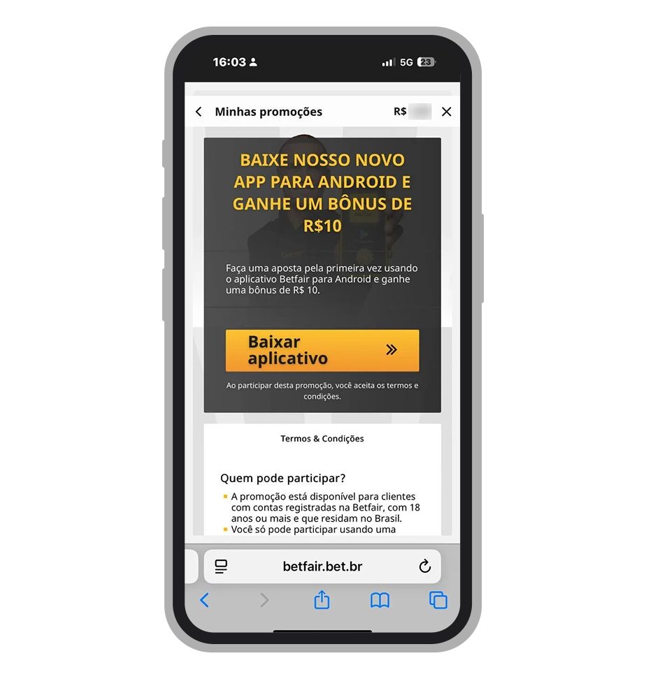 Baixe o aplicativo para Android e ganhe R$10 de bônus após sua primeira aposta