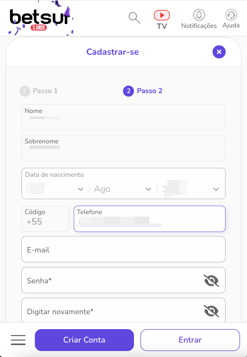 Complete as informações pessoais que estão faltando