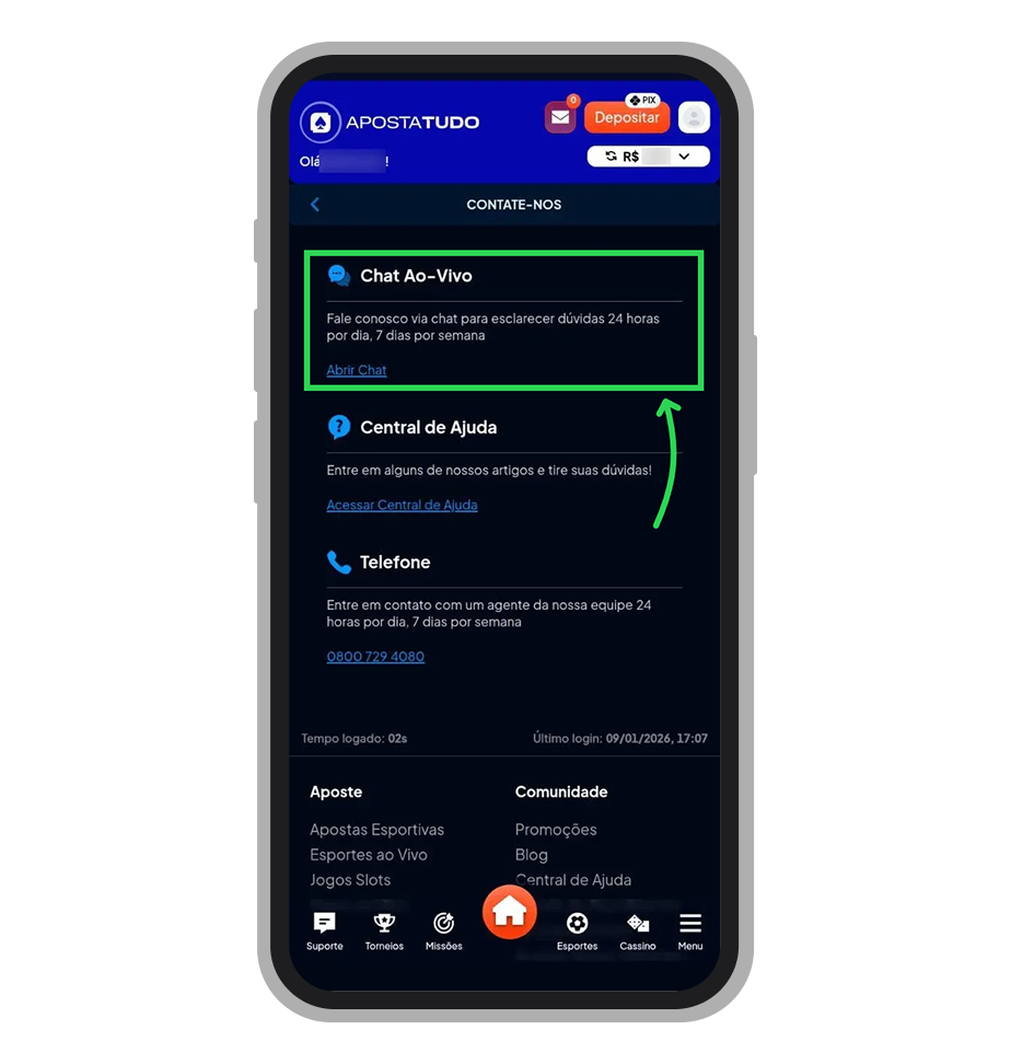 Na seção “Contate-nos”, escolha como deseja falar com o suporte: toque em “Abrir Chat”