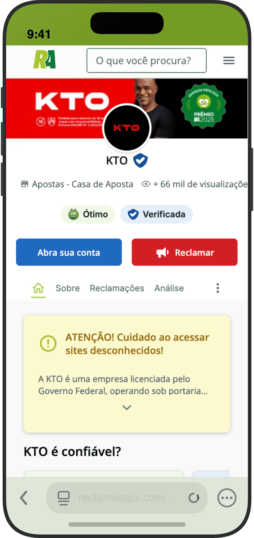 Página do KTO no Reclame Aqui com reputação Ótimo, selo Verificada, Prêmio RA 2025 e mais de 66 mil visualizações