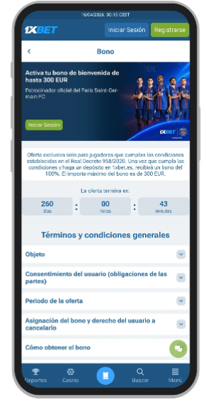 Pantalla del bono de bienvenida 1xBet del 100% hasta 300€ tras el primer depósito