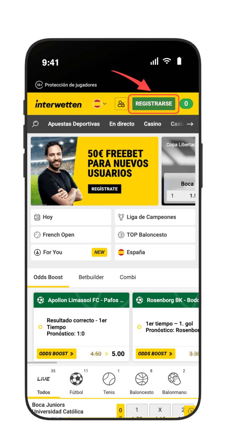 Pulsa en REGISTRARSE en la pantalla de inicio de Interwetten para crear tu cuenta y acceder al bono de 50 euros freebet
