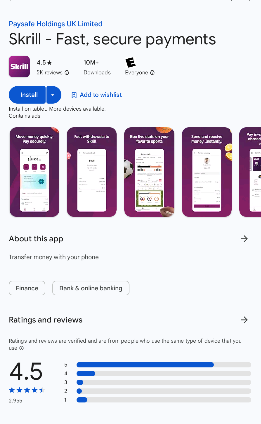 Skrill en Google Play Store