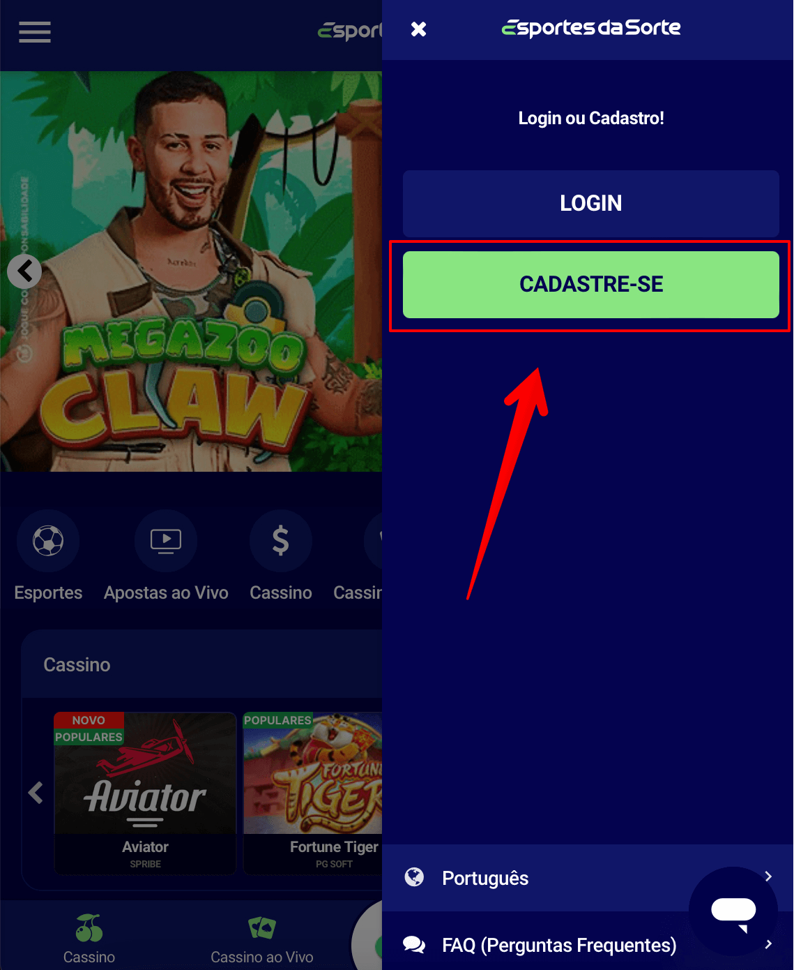 Clique “Cadastra-se” no canto superior da tela