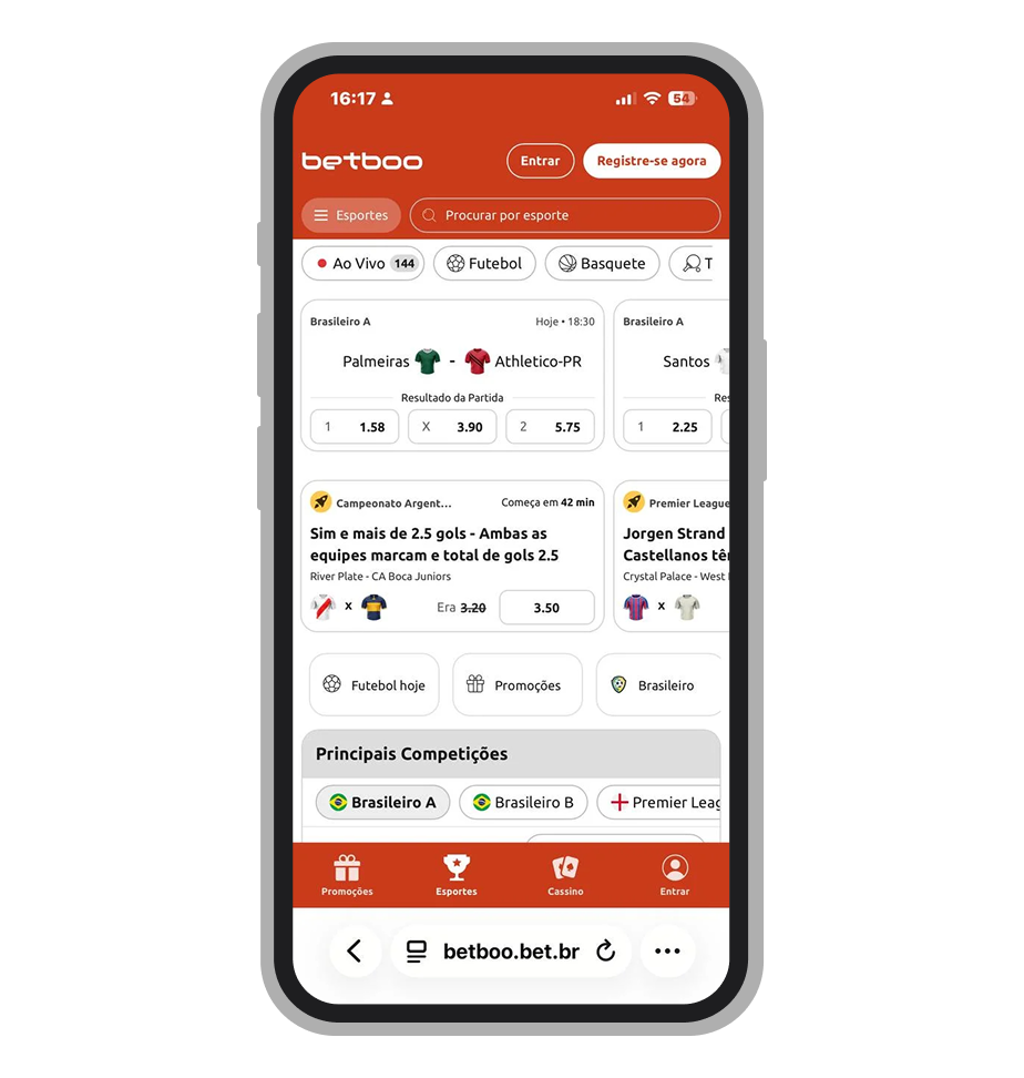 Tela inicial da Betboo mobile com odds do Brasileirão A e Cotas Aumentadas para River Plate vs Boca Juniors