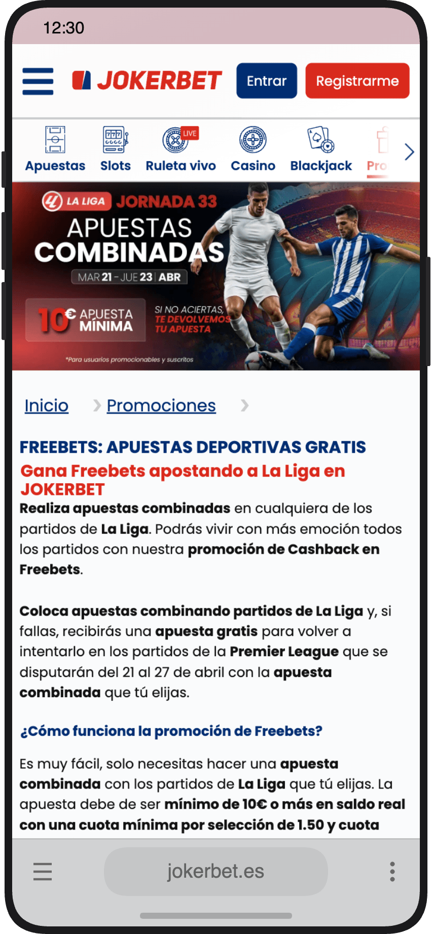 Página de la promoción de freebets por apuestas combinadas en La Liga en JOKERBET
