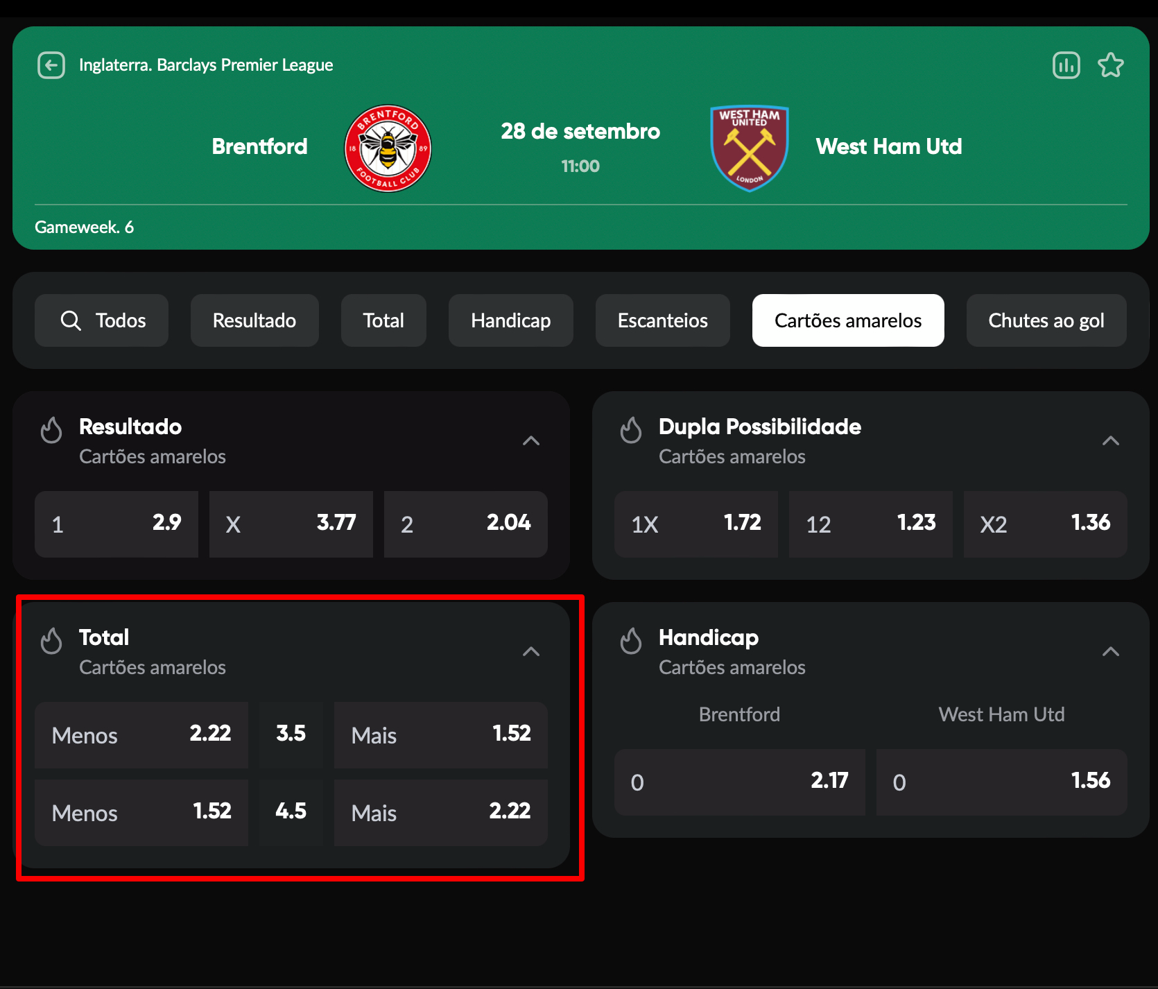 Total de cartões com varias opções na BetBoom