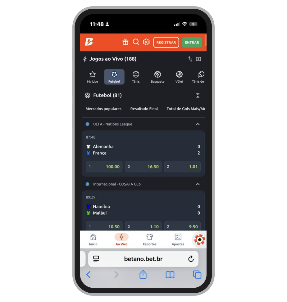 A Seção "Ao Vivo" no site mobile Betano