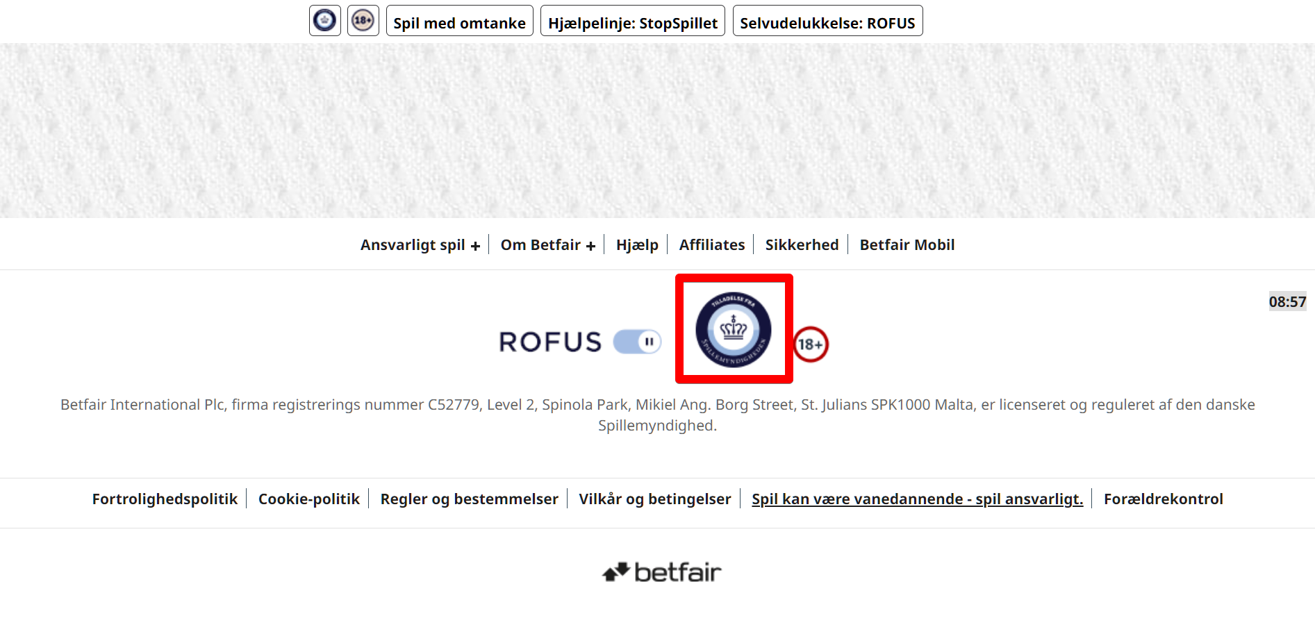 Regulatorens logo på Betfair's hjemmeside