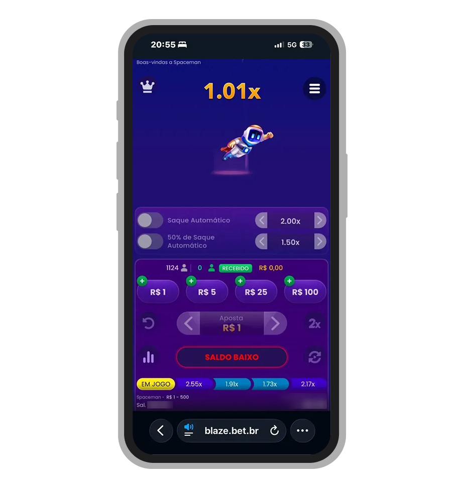 Interface do jogo Spaceman na plataforma Blaze apostas online 2026