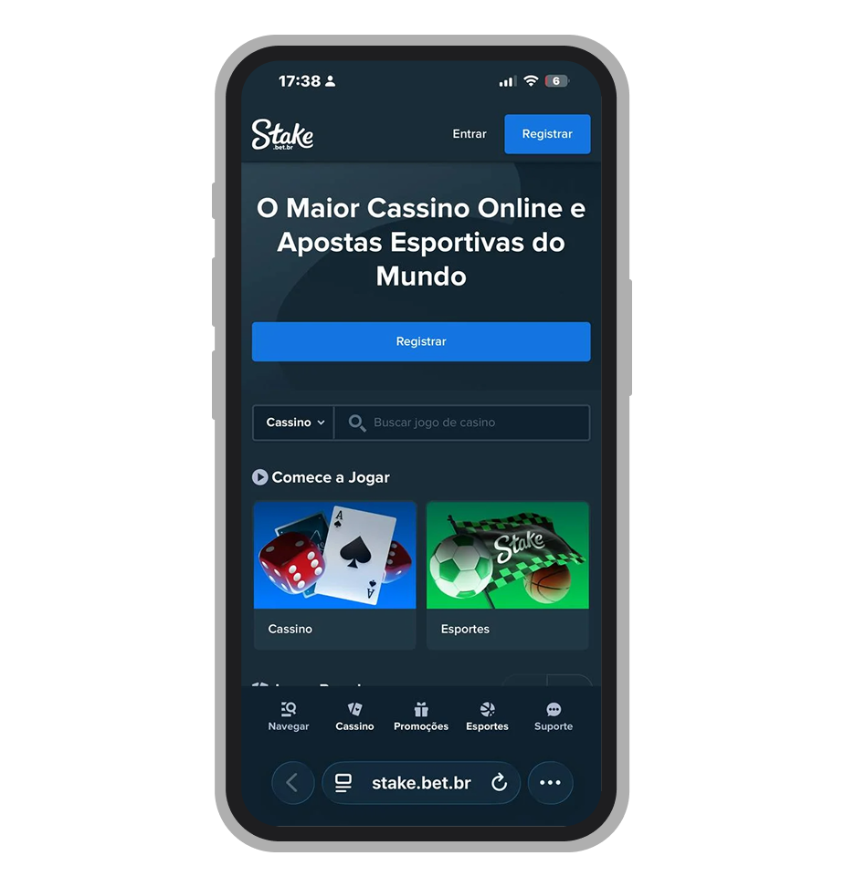 Tela inicial do cassino Stake com menu de jogos e banner de promoções em abril de 2026