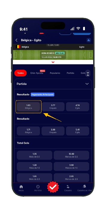 Na página do jogo, toque na odd da seleção escolhida para adicioná-la ao cupom na HiperBet