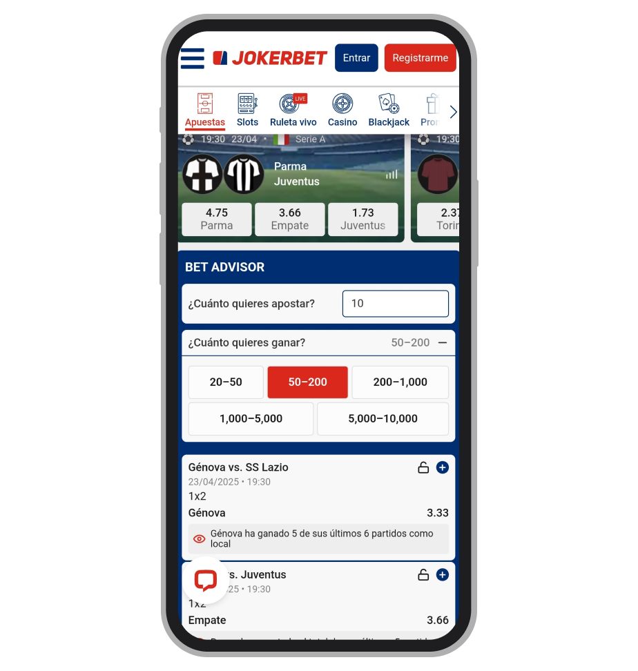Página principal con Bet Advisor