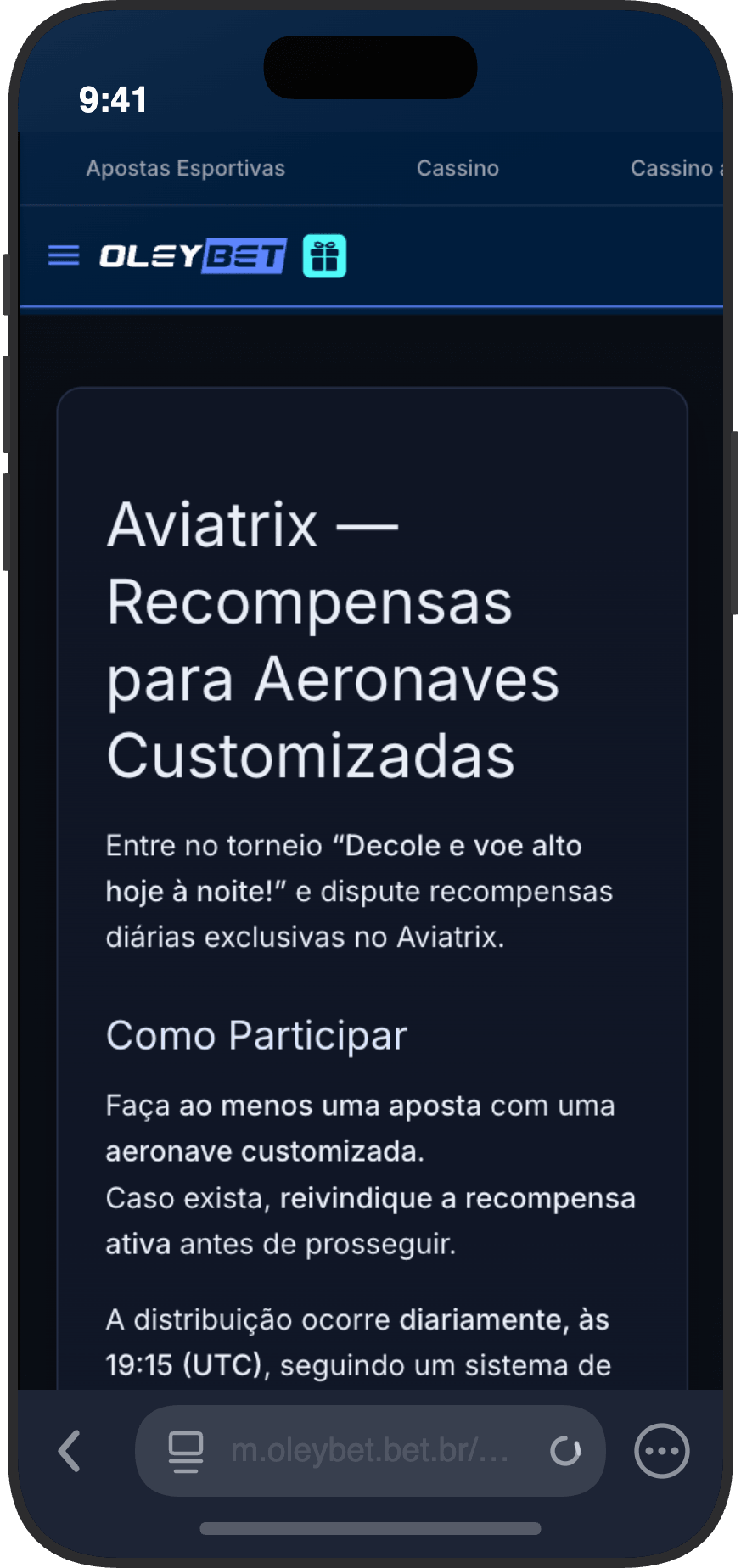 Promoção Aviatrix do cassino OleyBet com recompensas diárias para aeronaves customizadas