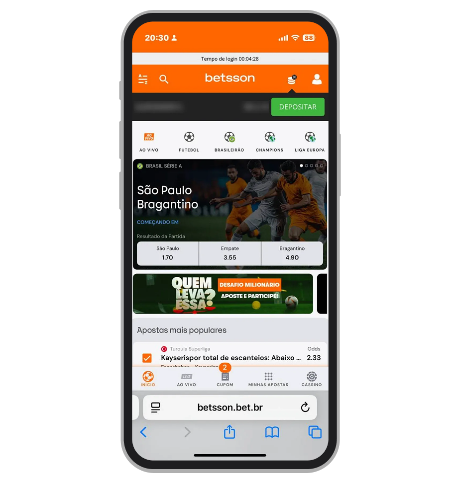 A interface do site mobile da Betsson