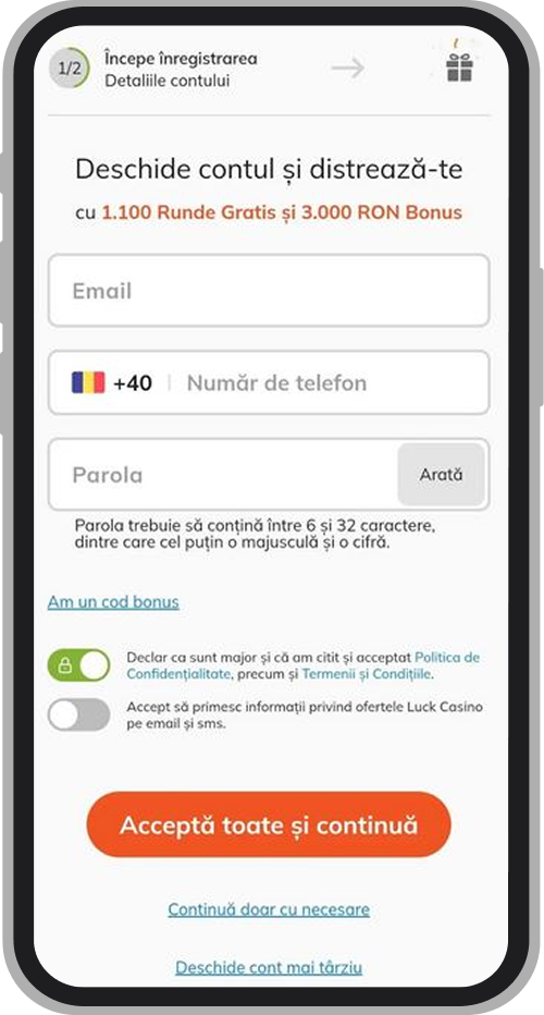 Formular de înregistrare Luck Casino (prima parte)