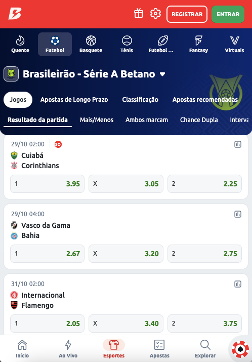 Página de apostas no Brasileirão na Betano