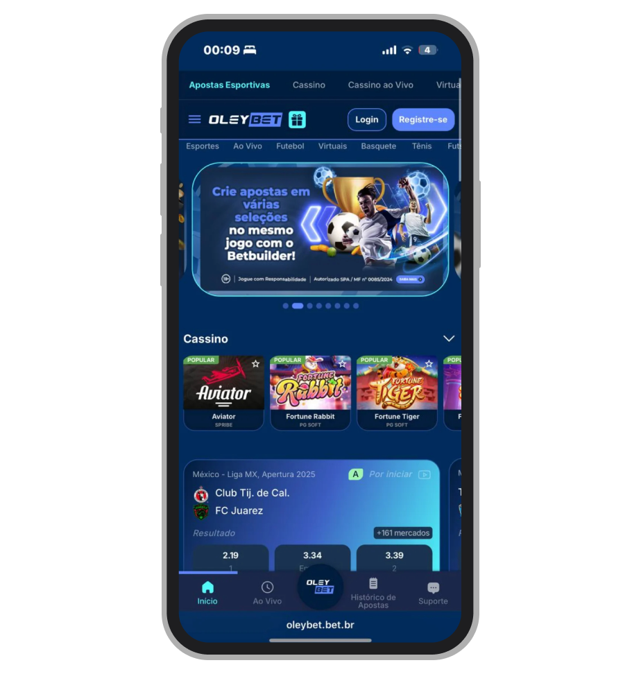 A tela inicial da Oleybet