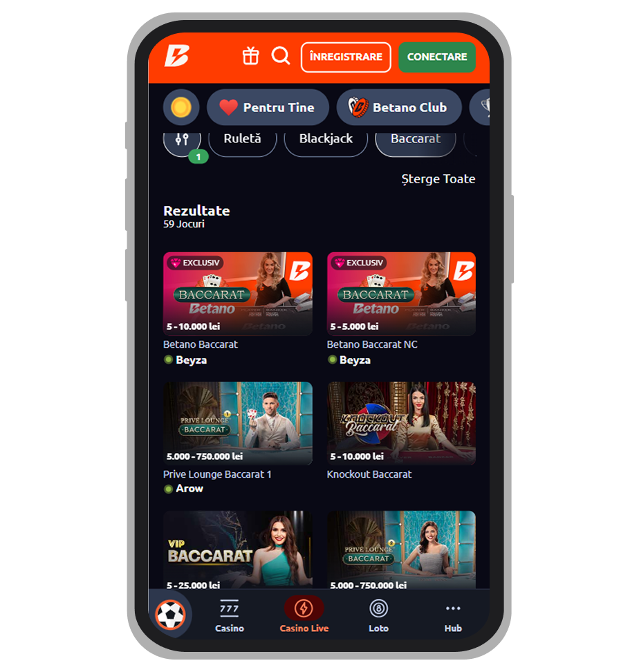 Baccarat live la Betano