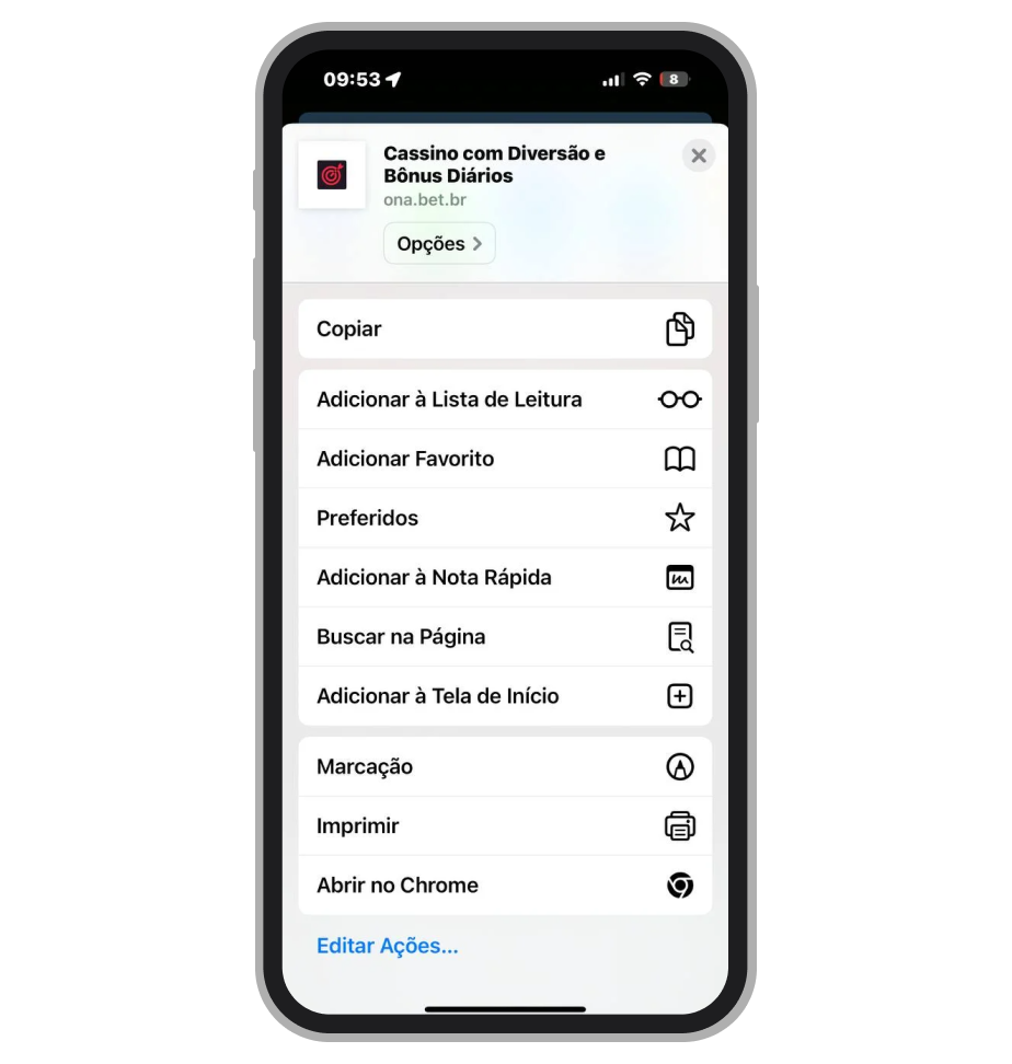 Folha de compartilhamento do Safari (iOS) aberta
