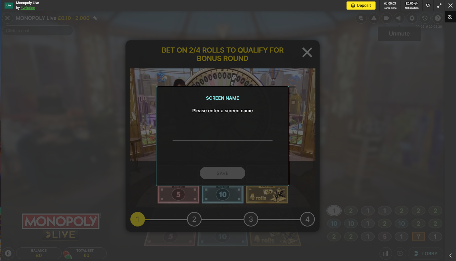 Select a Live Casino screen name