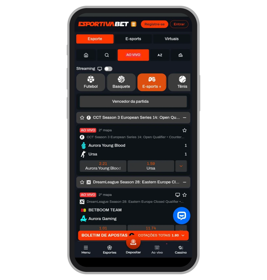 Área de esportes do aplicativo Esportiva.bet com opções de futebol, basquete, e-sports e outros mercados disponíveis