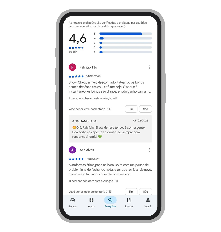 Avaliações de asuários da 7k.bet na Google Play Store