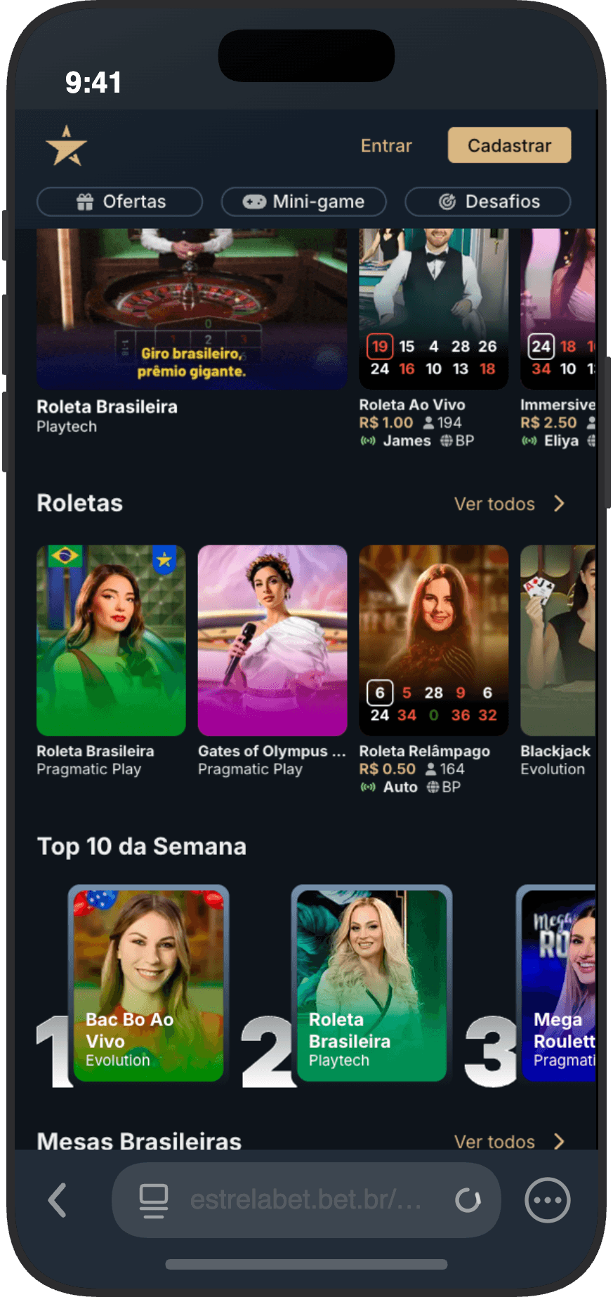 Seção de cassino ao vivo da EstrelaBet com roletas e mesas brasileiras