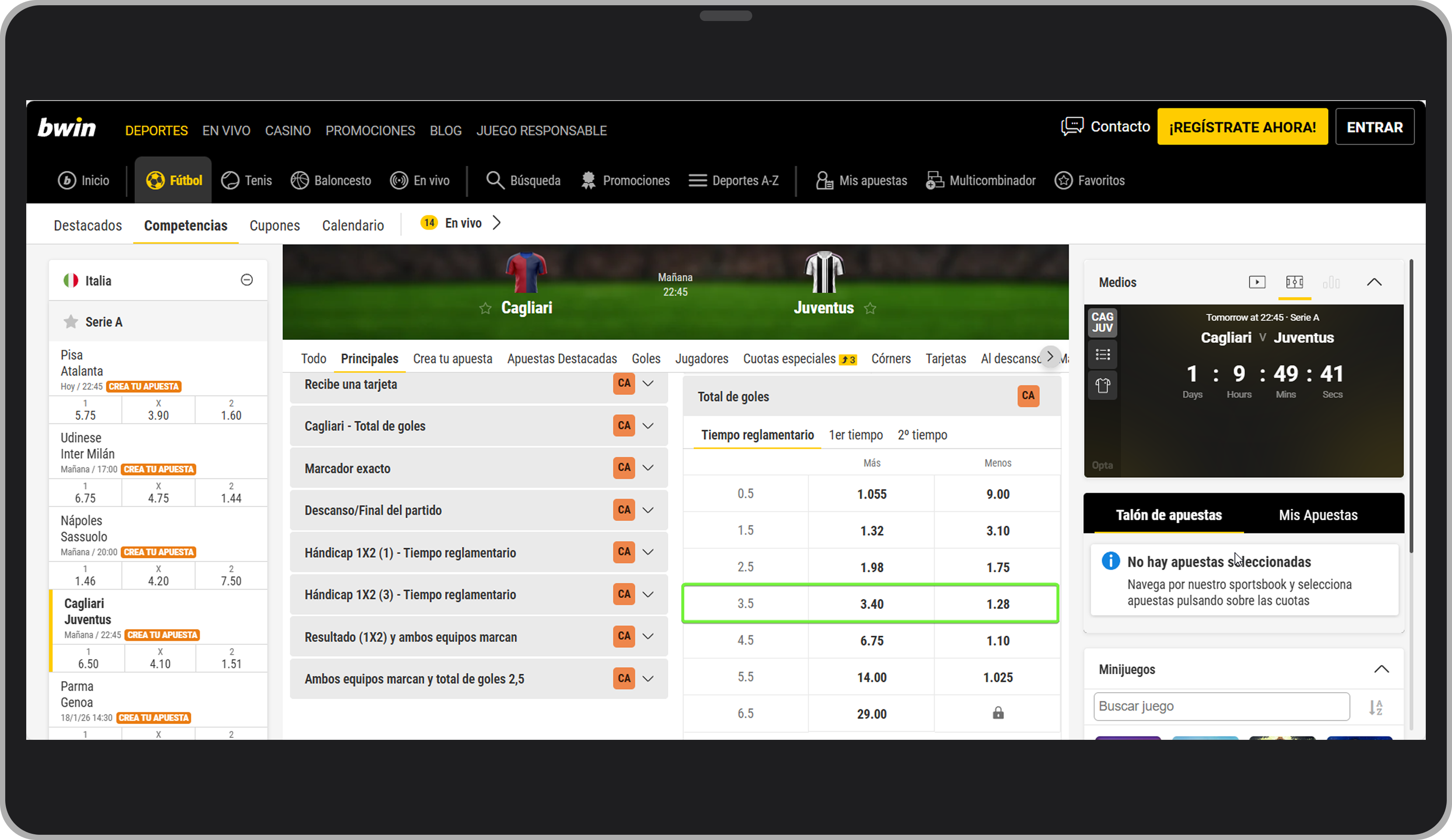 Menos/más de 3,5 goles en Bwin