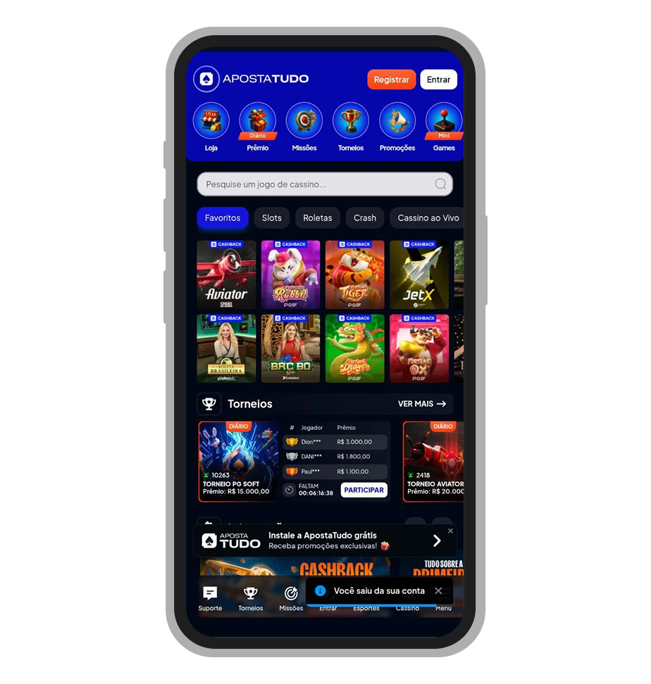 Tela inicial do aplicativo Apostatudo 