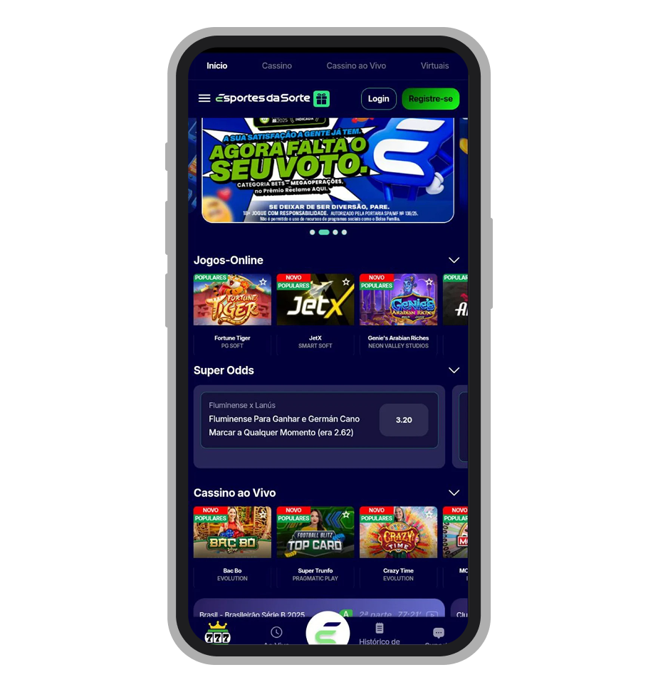 A tela inicial do app Esportes da Sorte