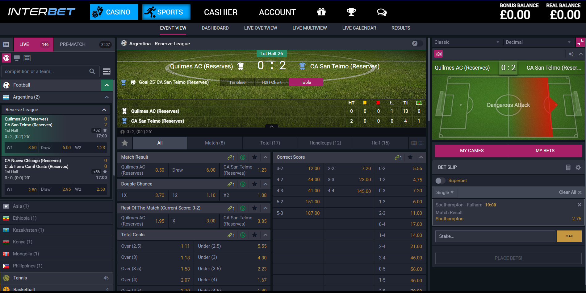 Interbet In-Play betting